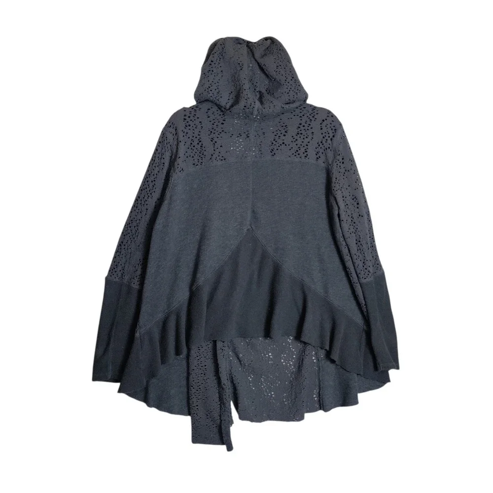 Free People Women Charcoal Gray Crochet Lace Asymmetrical Zip Hooded Cardigan M